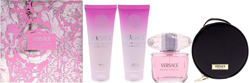 Versace Bright Crystal by Versace for Women - 4 Pc Gift Set 3oz EDT Spray, 3.4oz Body Lotion, 3.4oz Shower Gel, Round Make Up Case