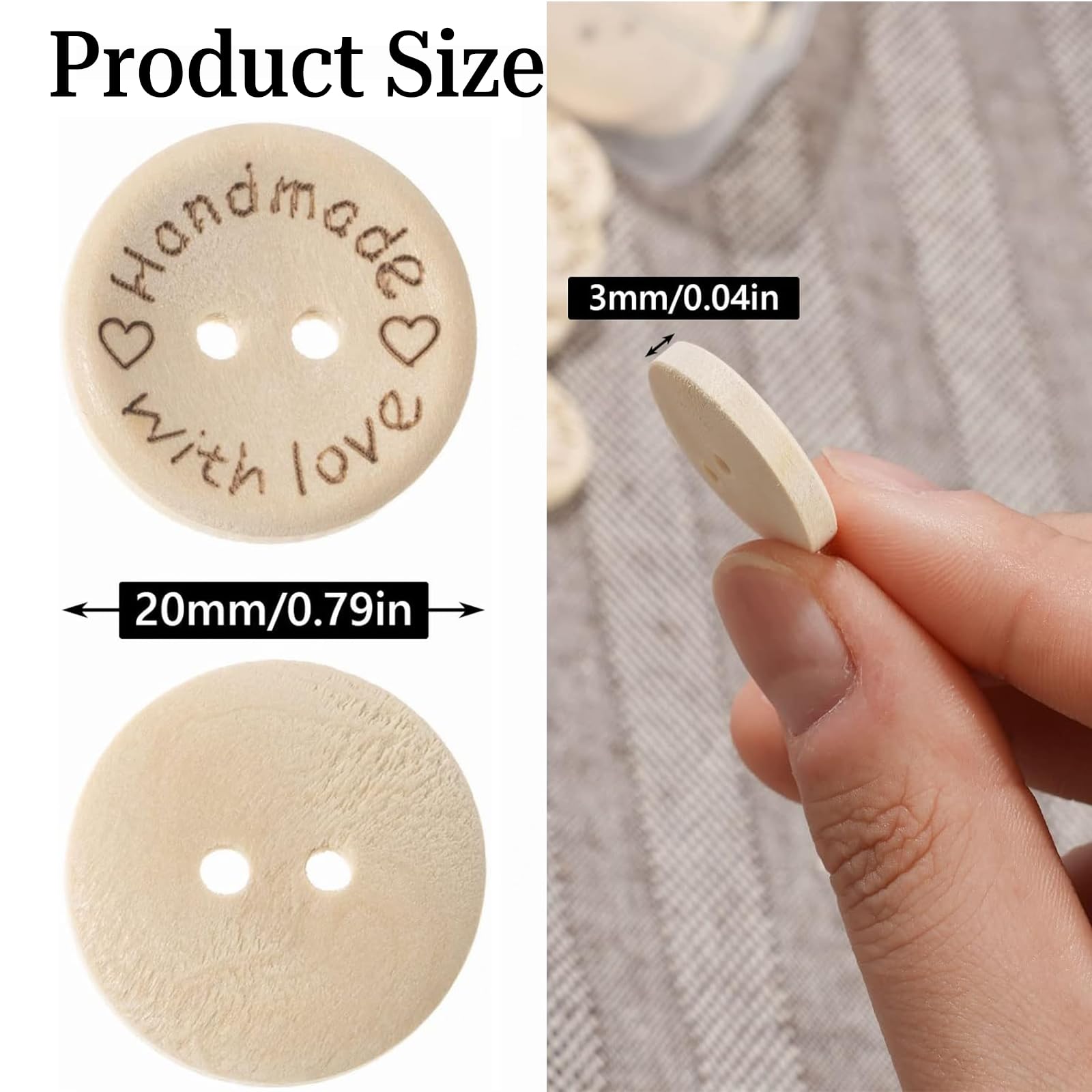 Bottoni In Legno Fatti A Mano - 150 Pezzi, Diametro 15mm E 20mm, Con Scritta 'Handmade With Love' - Foto 5