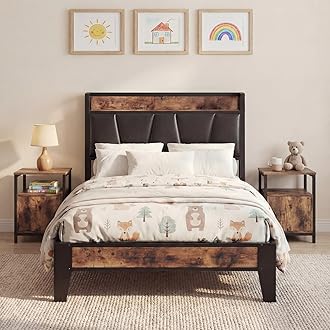 LIKIMIO Double Bed Frame Storage Headboard with Charging Base Solid and Stable Noise Free No Box Spring Required Easy Assembly (Vintage and Black)