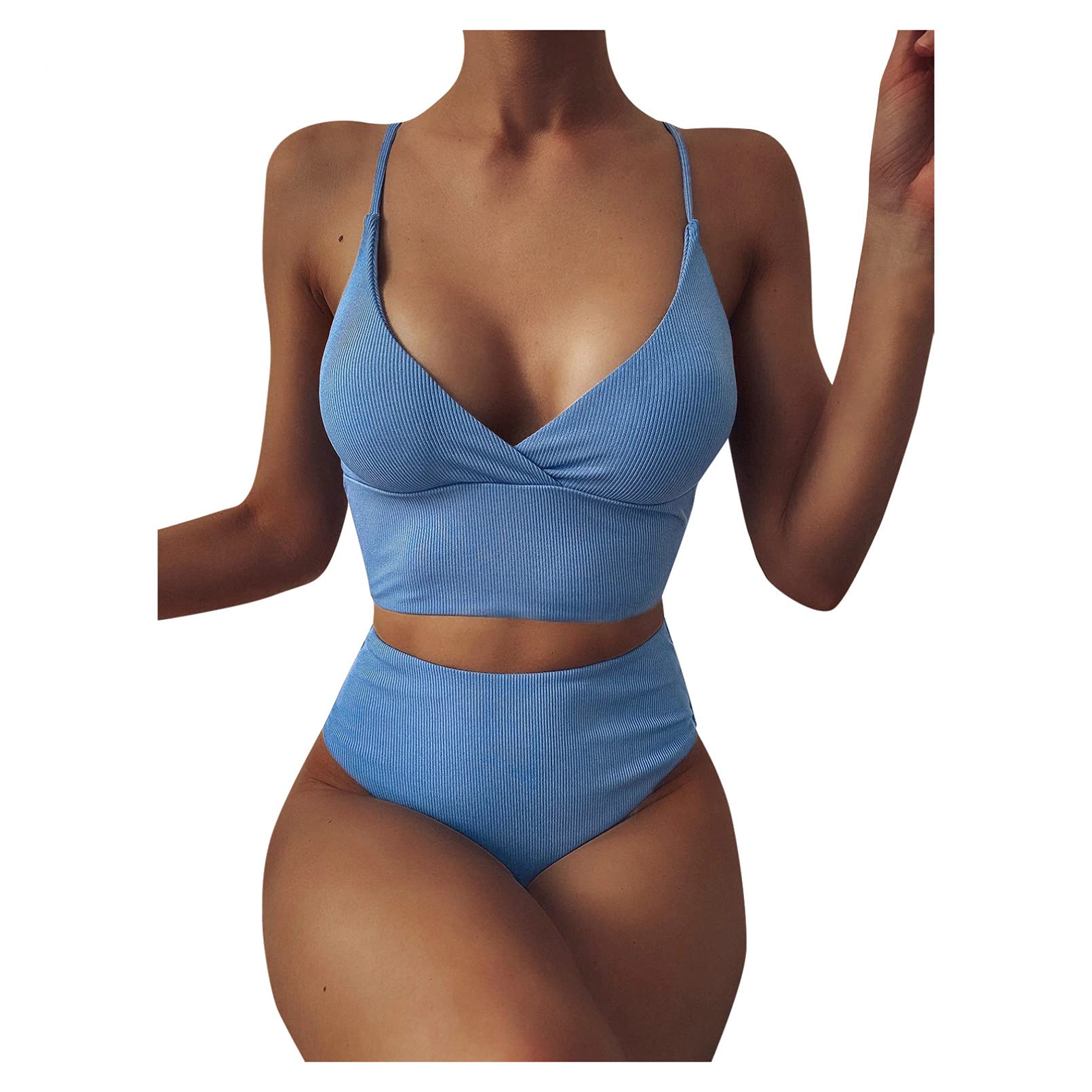 BAJIE Maillot de bain 2 pièces à col en V pour femme Taille haute - Bleu - M