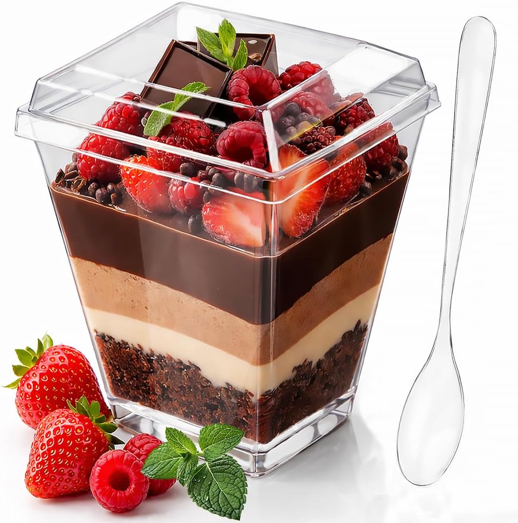 100 Pcs 5 oz Plastic mini Dessert Cups with Lids and Spoons Parfait Cups with Lids Yogurt and Appetizer dessert shooter cups for Party, Pudding, Ice Cream, Fruit, BPA Free Clear Recyclable.