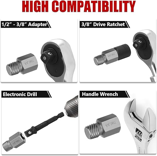 Miniatura 5 de Juego de extractor de tornillos de 27 piezas, 38 pulgadas de accionamiento fácil de sacar, cabezal hexagonal multilínea para quitar pernos rotos,