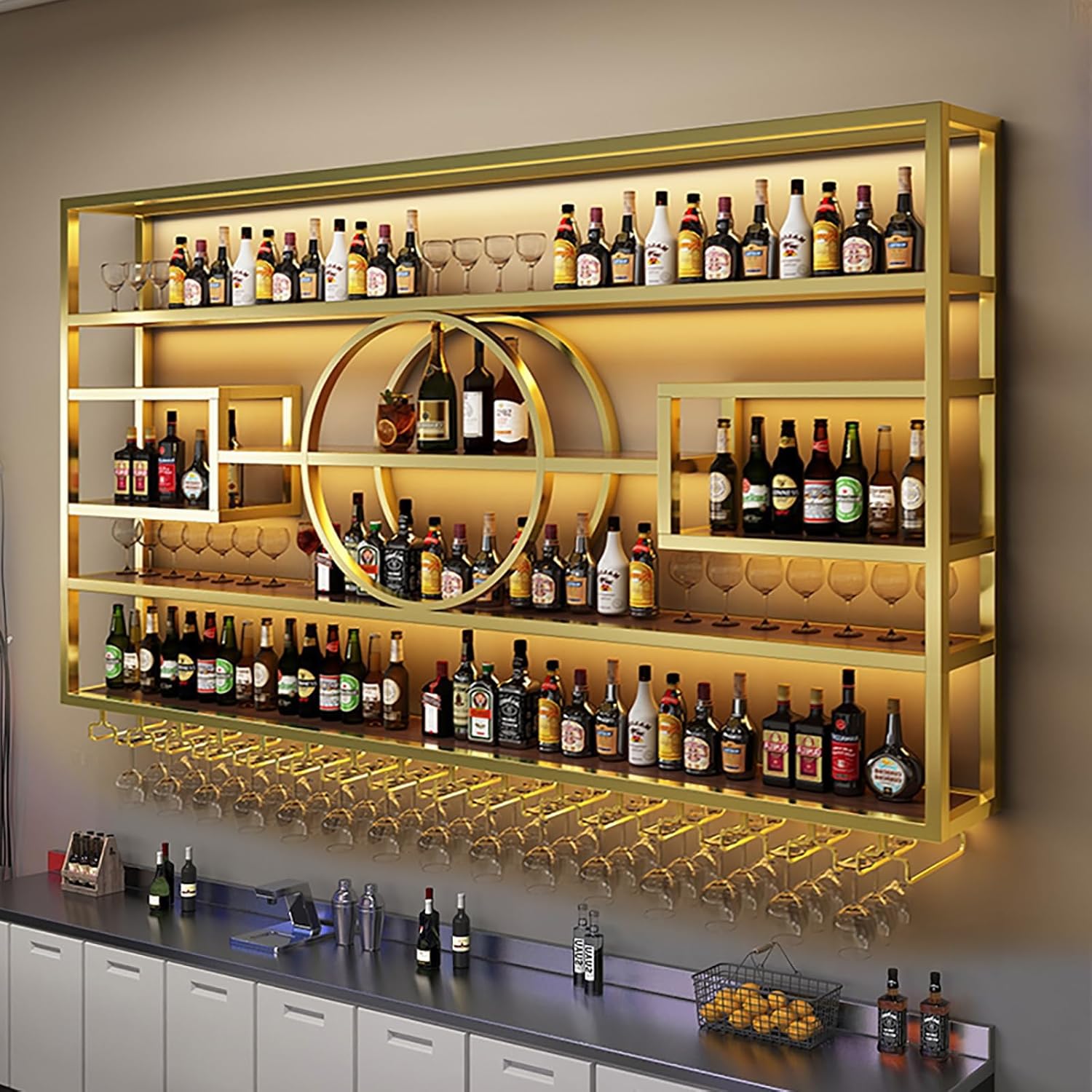 94.5in Large Wall Mounted Wine Rack, Modern Metal Wine Bottle and Glass Holder, 4-Tiers Liquor Bottles Floating Shelves Display Storage for Home Bar & Dining Room Decorative (Gold, 94.5 * 8 * 51INCH)
