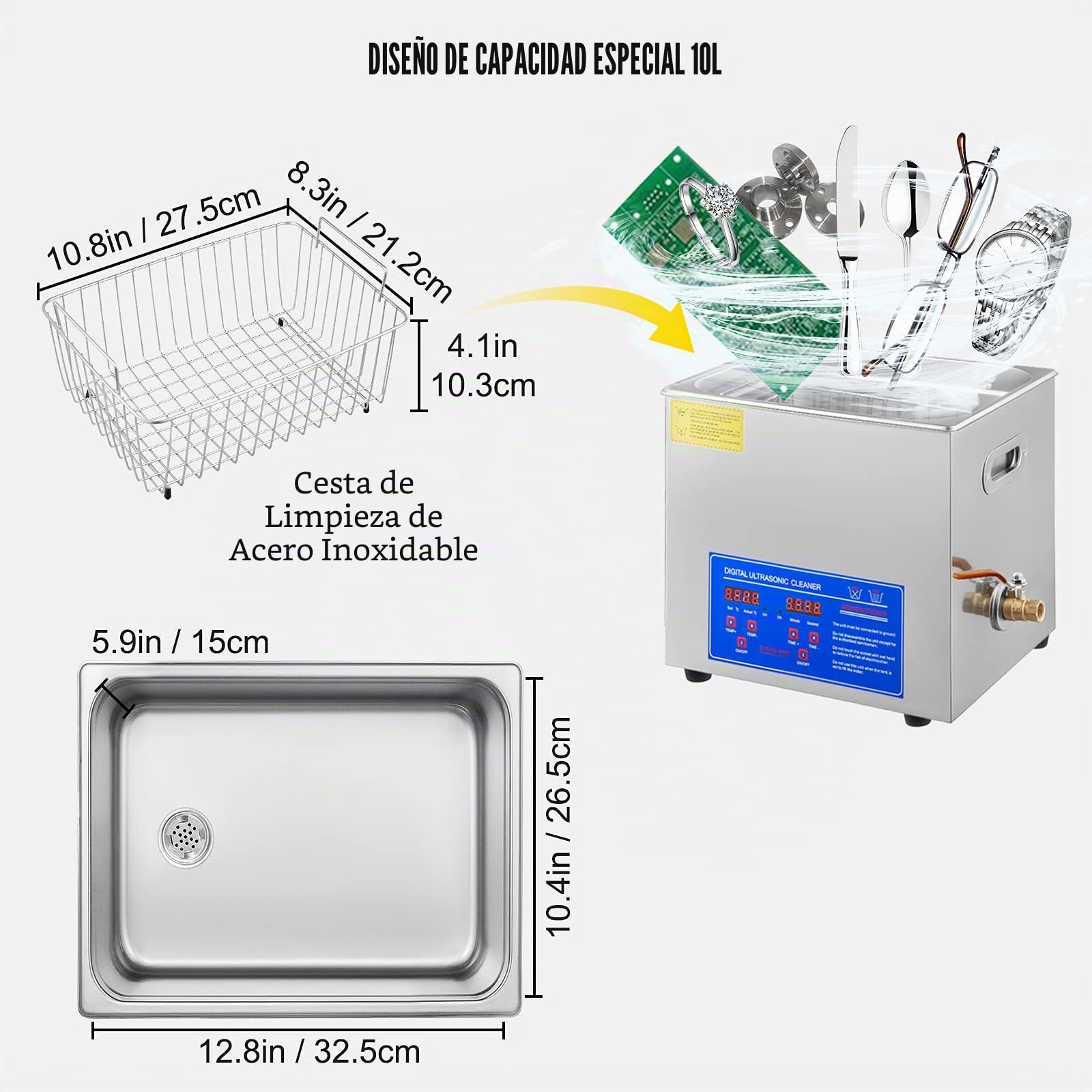 Limpiador Ultrasónico 10L, 240W Limpiador Ultrasonidos Profesional de Acero Inoxidable, Máquina de Ultrasonido con Temporizador Digital, Temperatura Ajustable, para Joyas, Relojes
