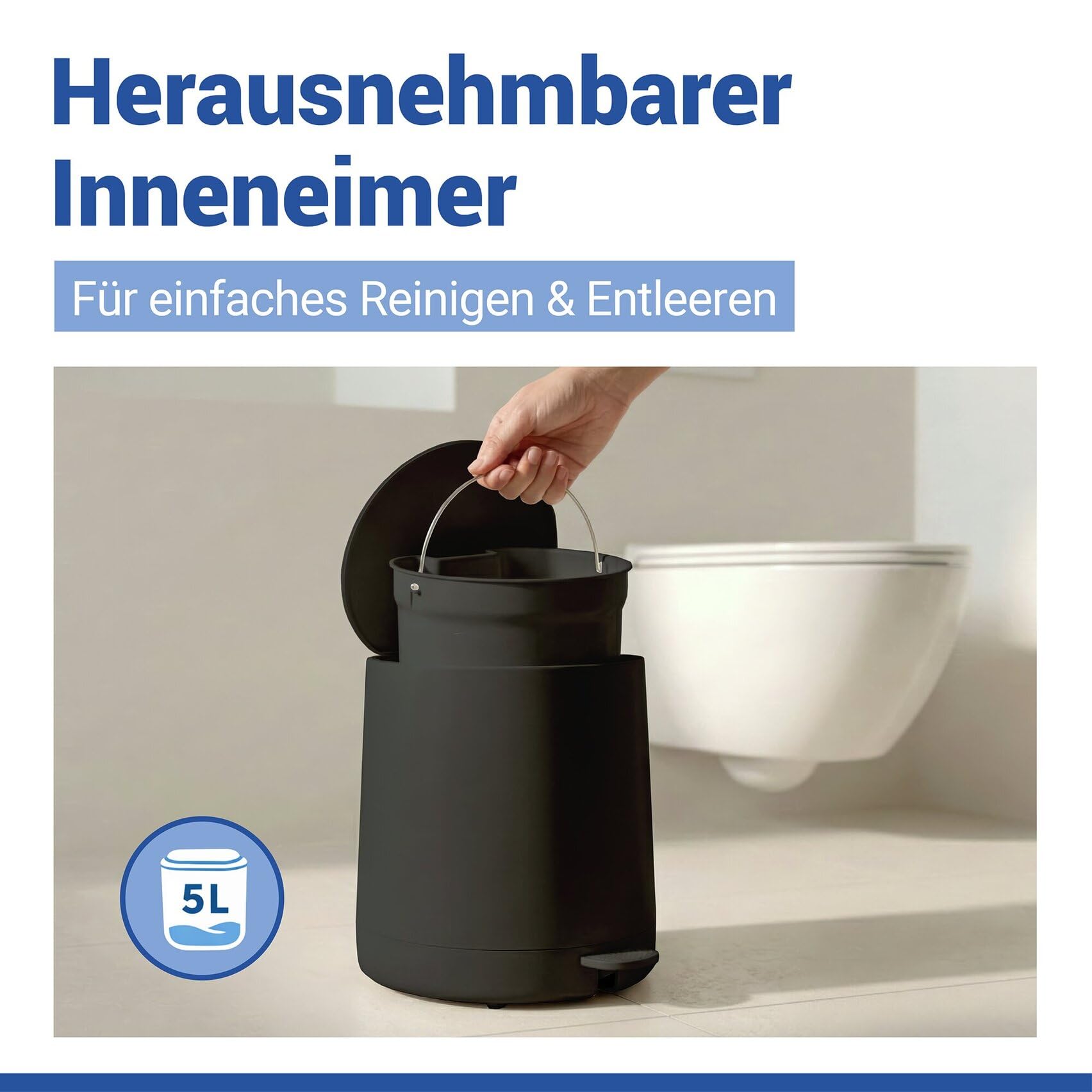 WENKO Kosmetik Treteimer Mod. Fablo aus Kunststoff, Soft-Touch-Beschichtung, Bad-Mülleimer 5 L, Abfalleimer mit Easy-Close Absenkautomatik und Einsatzbehälter, für Bad, Küche oder Büro, schwarz matt