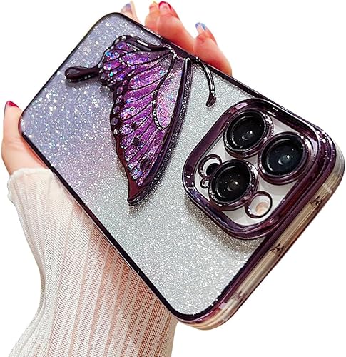Casechics Funda compatible con iPhone, funda de teléfono con purpurina electro chapada en mariposa de arena líquida, protección de lente de cámara,