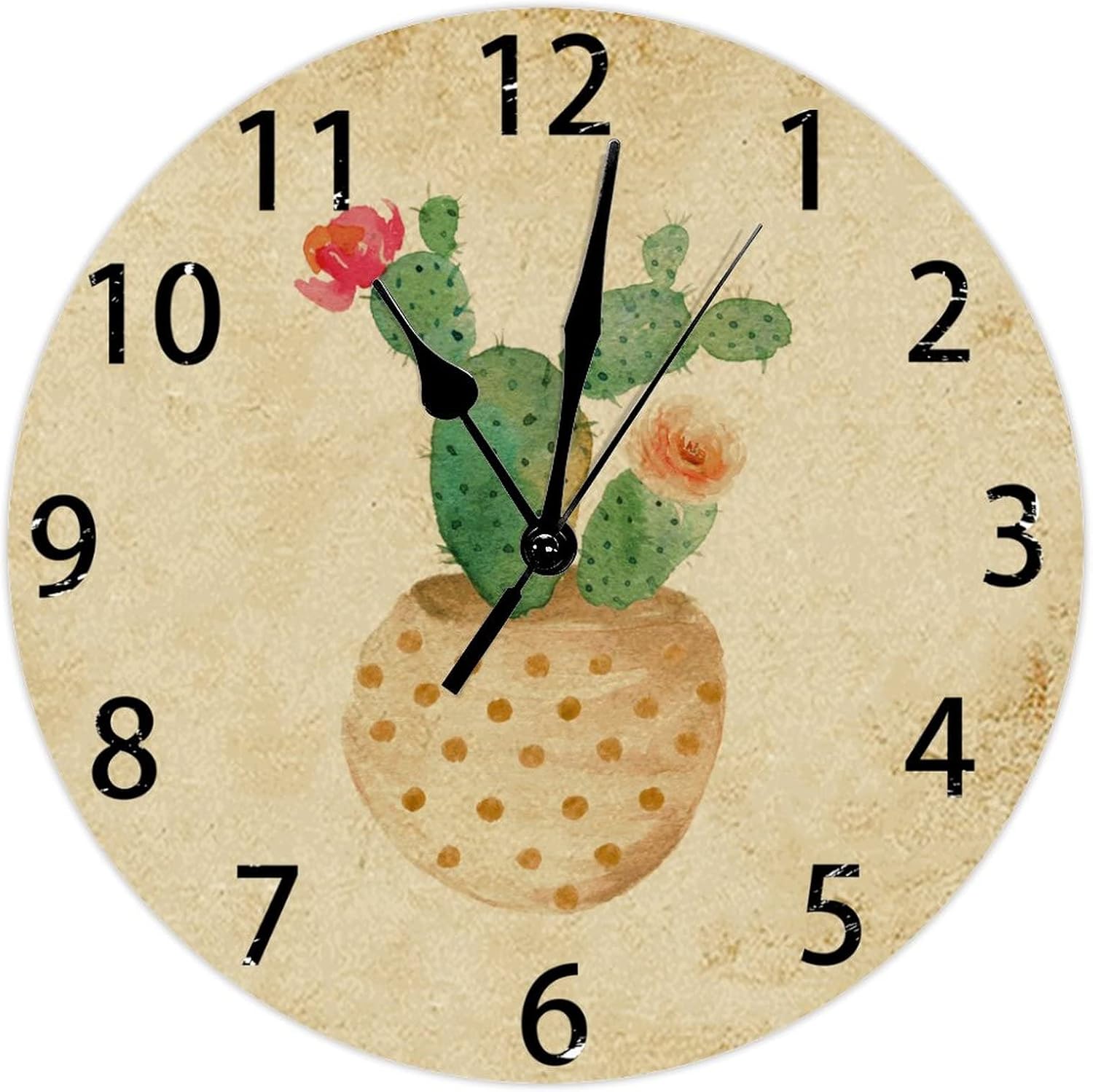 15 Inch Round Wall Clock Farmhouse Watercolor Blooming Cactus Clock Decorative Wooden Wall Clock Rustic Battery Operated Silent Wall Clock Hanging Wall Decor for Home Offiice Bedroom
