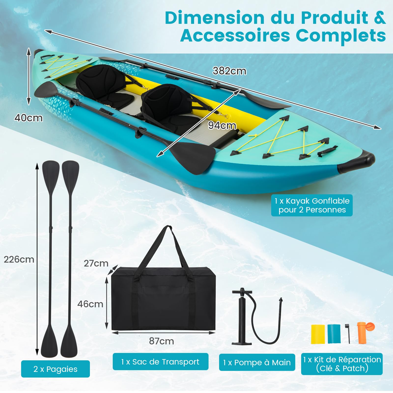 GOPLUS Kayak Gonflable 2 Personnes, Canoe Randonnée 382 cm avec Sièges et Repose-Pieds Réglables, 2 Pagaies, Fixations, 2 Dérives, Pompe à Main, Kit de Réparation, Sac Transport, Charge 230 kg