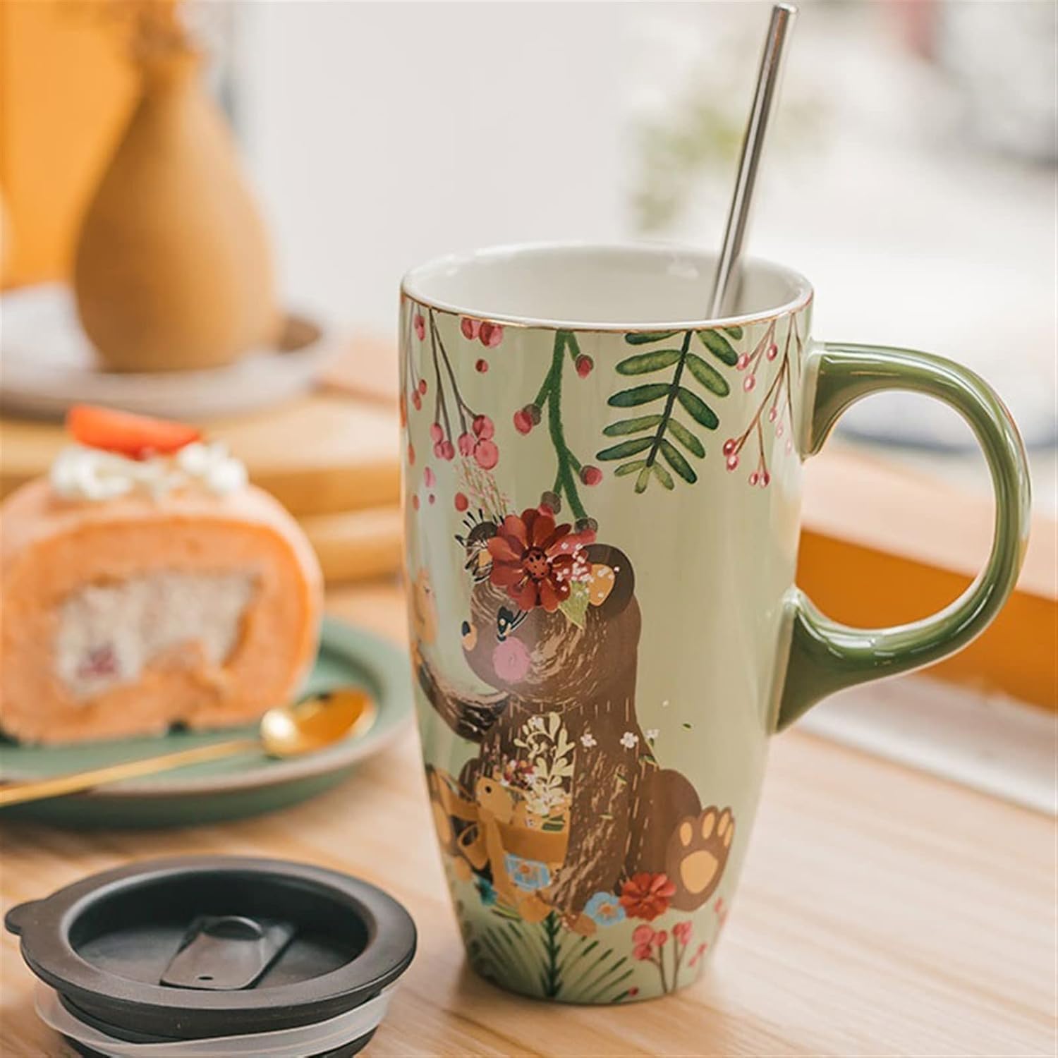 Taza de café de 550 ml, Taza de cerámica de Gran Capacidad, Hermosa Taza de Desayuno con Tapa, Taza para Beber para el hogar o la Oficina con Cuchara, Taza de té