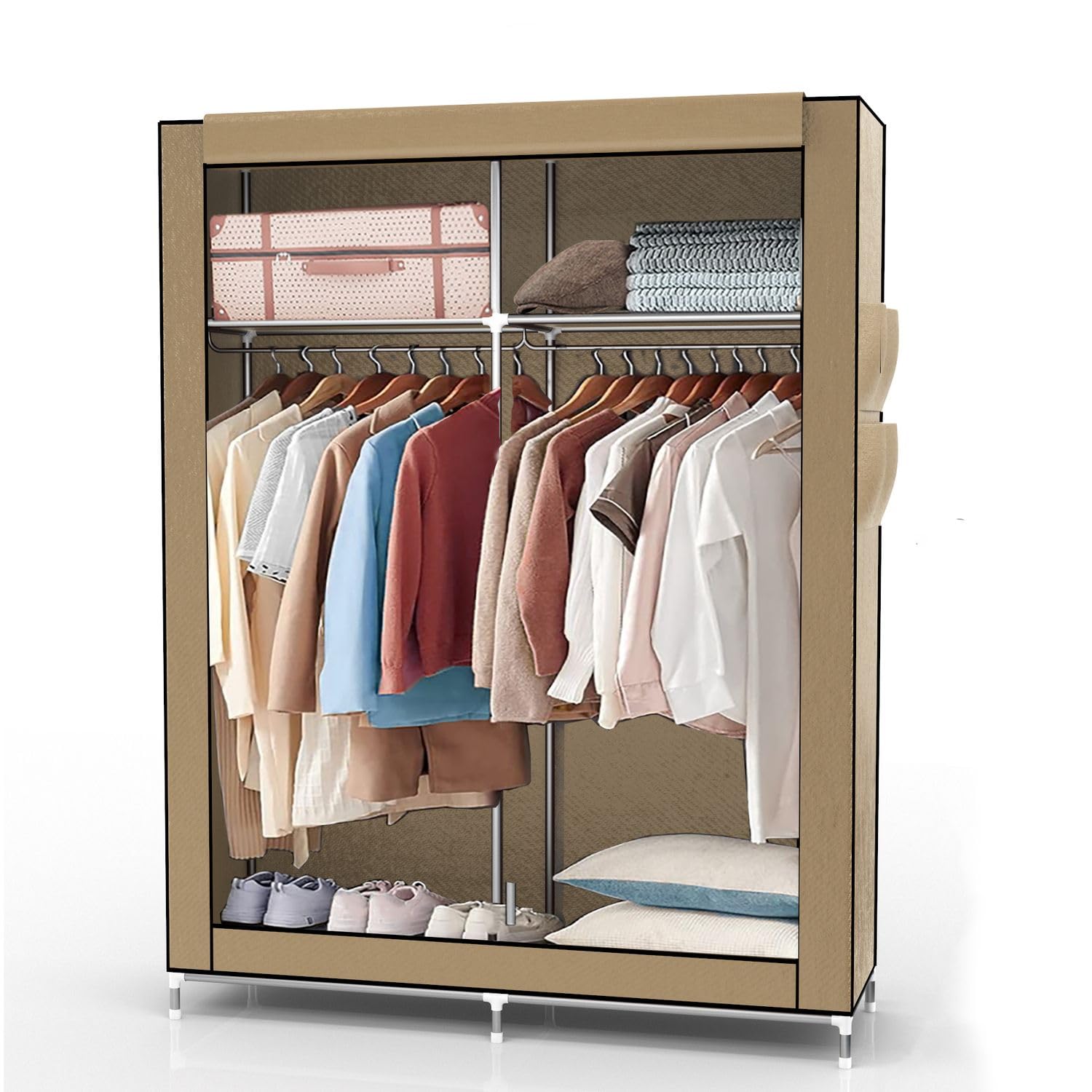 INTIRILIFE Armadio pieghevole 108x170x45 cm in CRÈME BEIGE - Armadio in tessuto con cerniera e asta appendiabiti, tasca laterale e scomparti - Ripiano a innesto, struttura in metallo