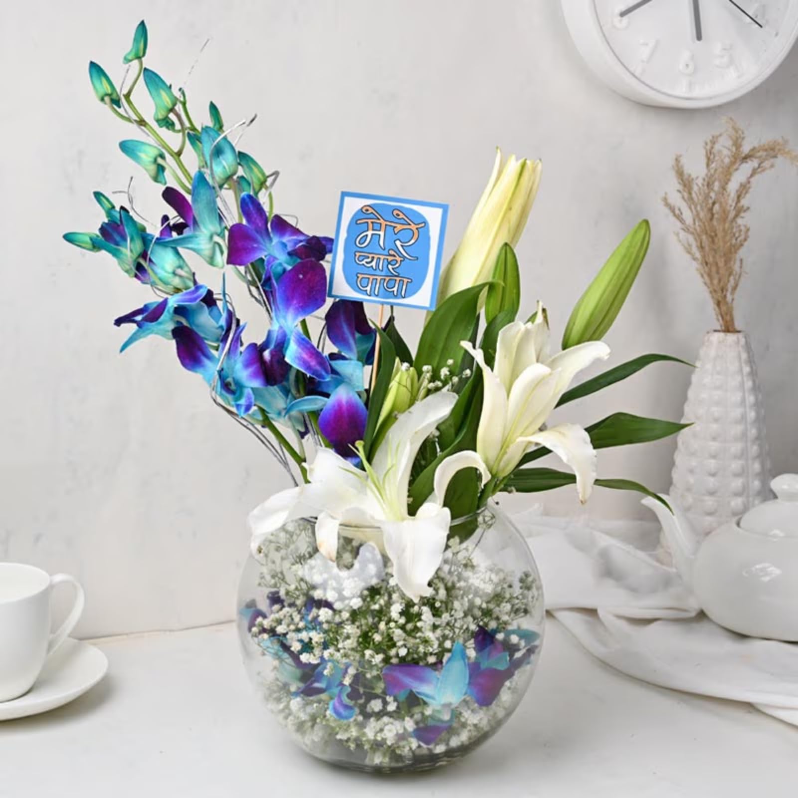 FlowerAura Fresh Flower Bouquet Gift 2 Lilies & 4 Blue Flowers With Topper For Birthday Gift & Father's Day Gift For Dad | Papa | Father-In-Law | Grandfather | Daddy | Appa | Baba (Same Day Delivery)-image-6