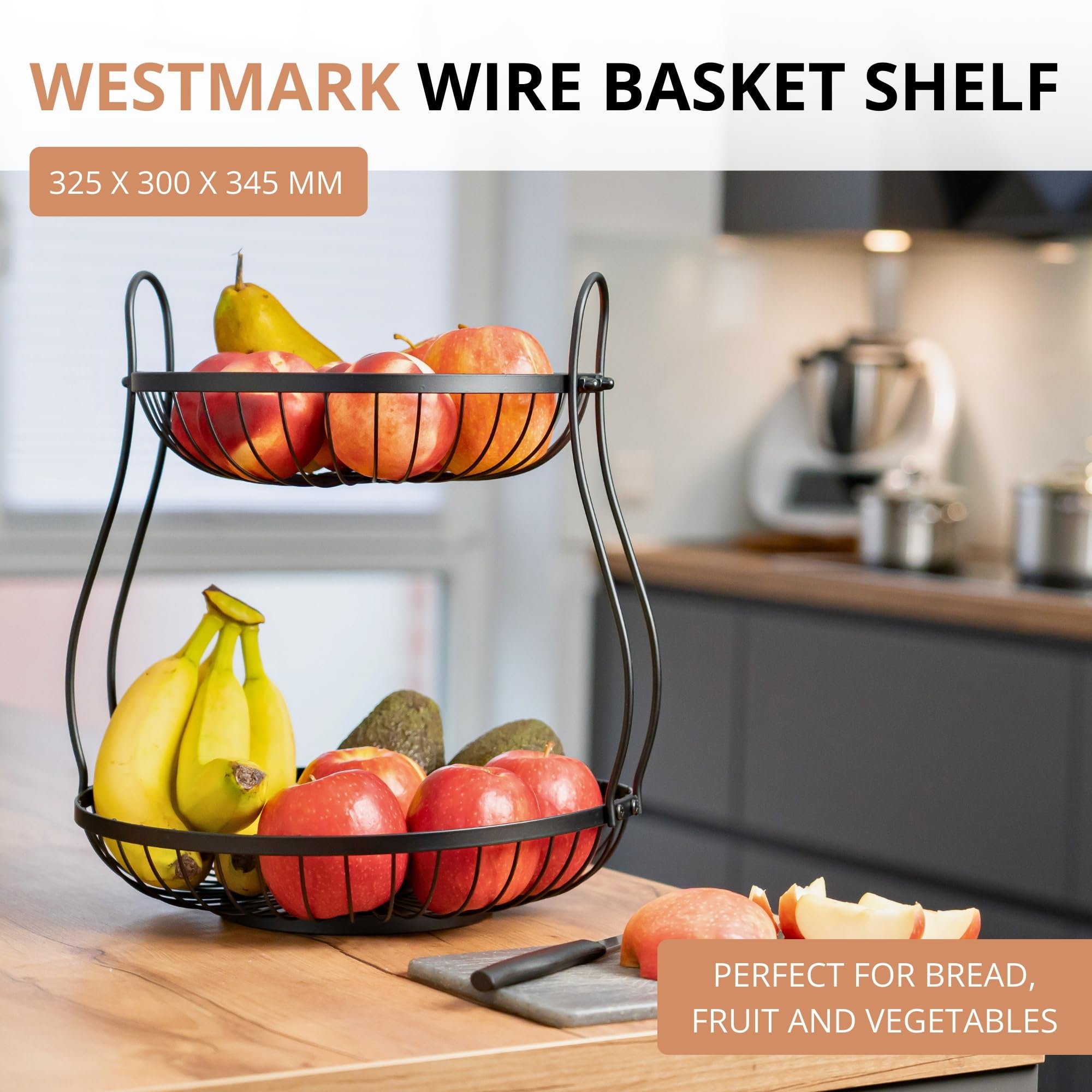 Westmark Stojak na ciasto owocowe 2 poziomy Doppio – Kosz z owocami Stojak na ciasto – Ozdobny kosz druciany – Praktyczne przechowywanie Kuchnia, bufet i stół do jadalni – Czarny, 32,5 x 34,5 cm