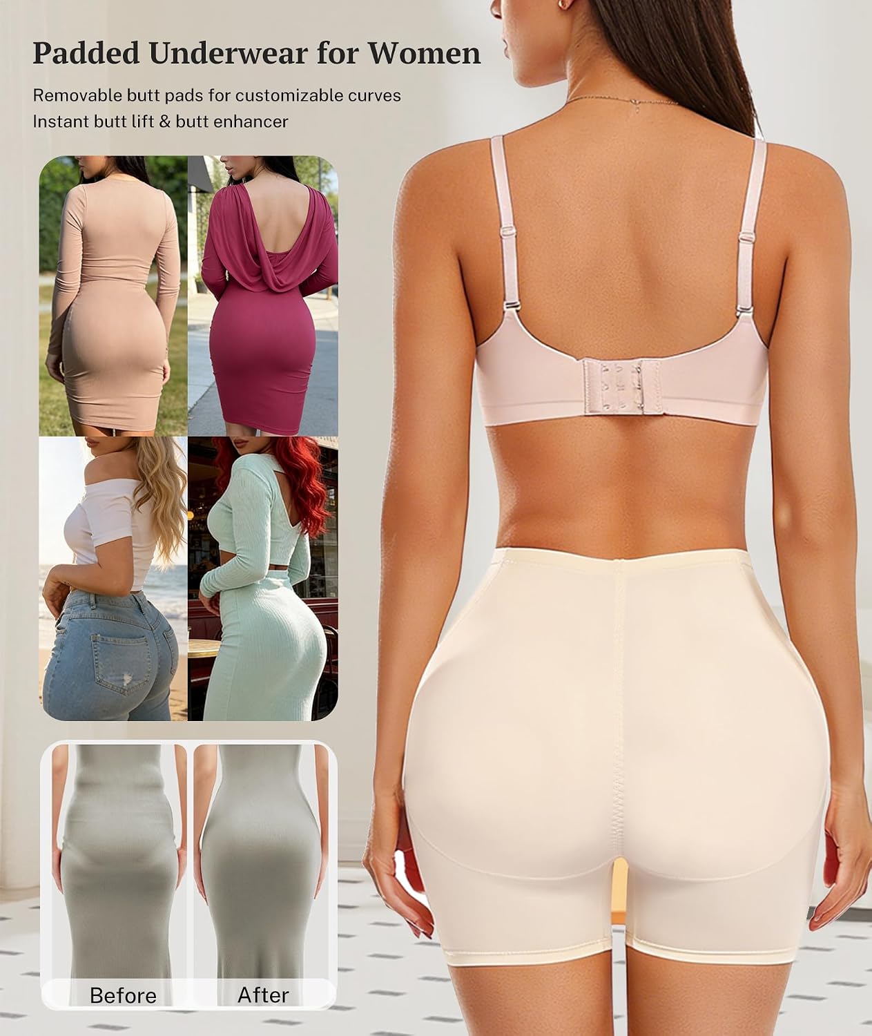 Women Butt Lifter Shapewear for Dresses Half Slip Shaper Shorts - Removable Hip Pads Butt Enhancer Control Panties