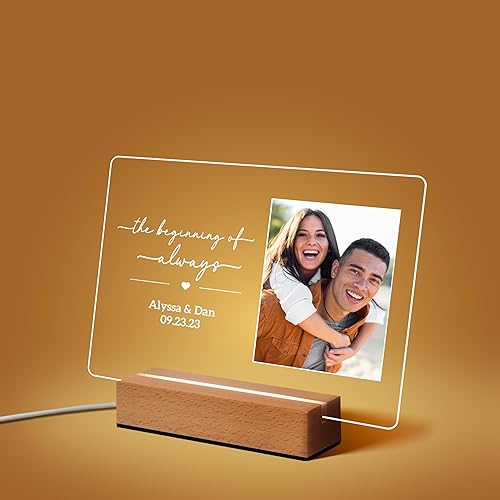 Marco de fotos acrílico, placa de fotos LED personalizada, luz nocturna de foto personalizada, regalos de boda para ella, regalos de compromiso,