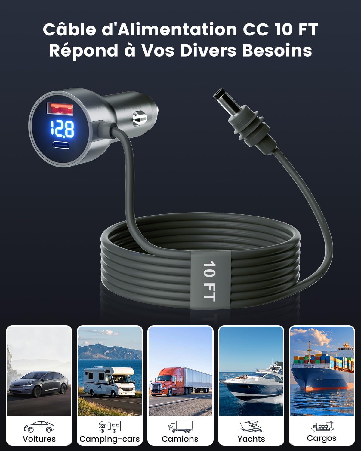 Mwin Starlink Mini Câble - Accessoires Starlink Mini Chargeur de Voiture 3 en 1, Adaptateur Allume-Cigare 12V-24V avec Affichage Numérique, Ports USB C/USB A Charge Rapide 30W pour Voitures (3M)