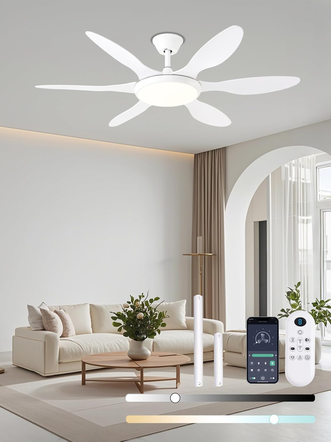 Image illustrating the smartphone app interface for controlling the FUMLTP 51-Inch Smart Ceiling Fan, showing steps for scanning a QR code, adding a device, and controlling fan and light settings.