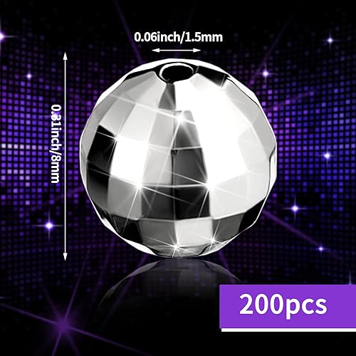 Miniatura 7 de Poen 200 cuentas redondas de bola de discoteca reflectantes plateadas, mini pulseras de bola de discoteca, collares, aretes, colgantes para disfraz