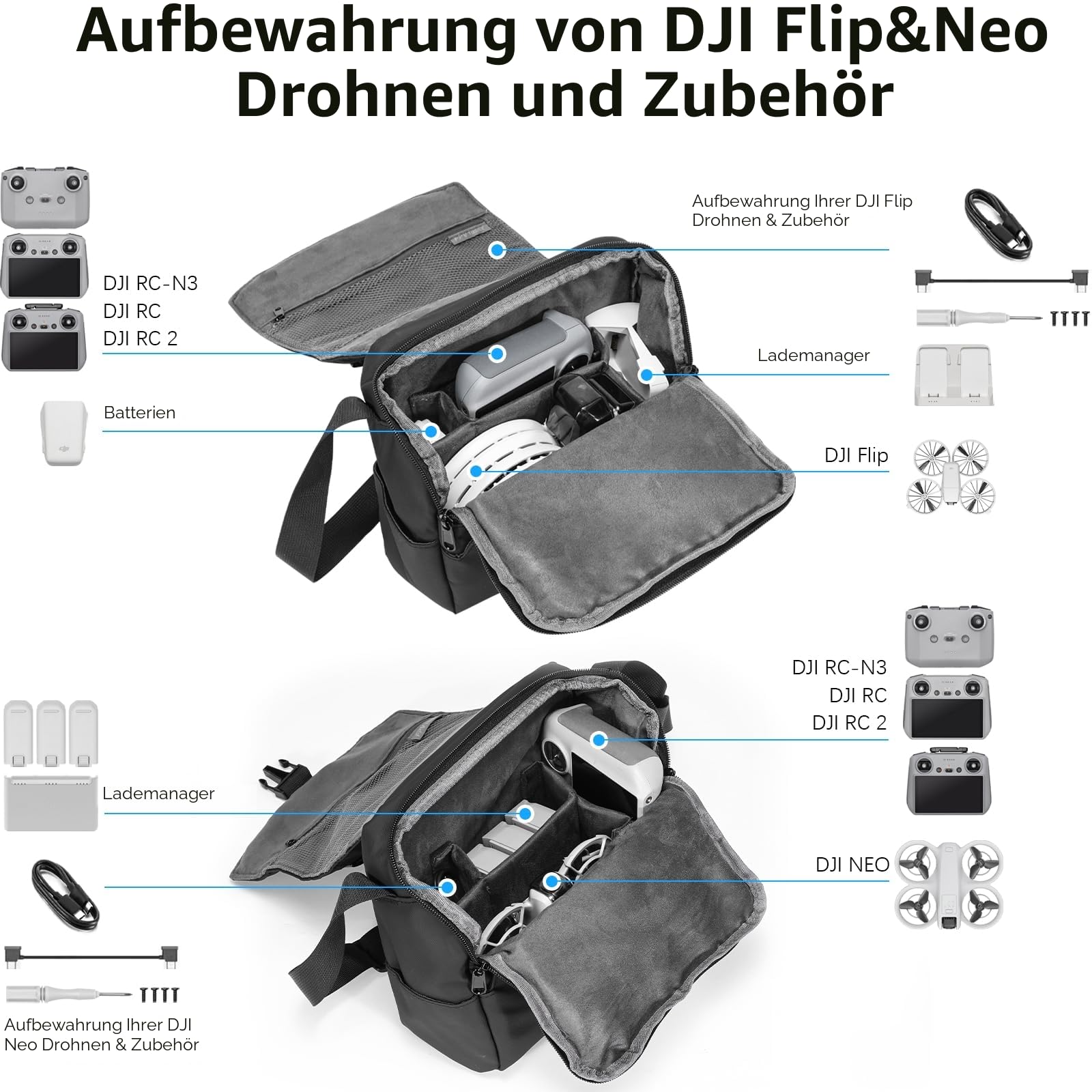 FPVtosky Schultertasche für DJI Lito X1/Mini 4K/NEO 2/Lito 1/Mini 3/4/5 Pro/Flip/NEO Serie, Reisetasche und Case für Kleine Drohnen, Premium Drohnen-Zubehör