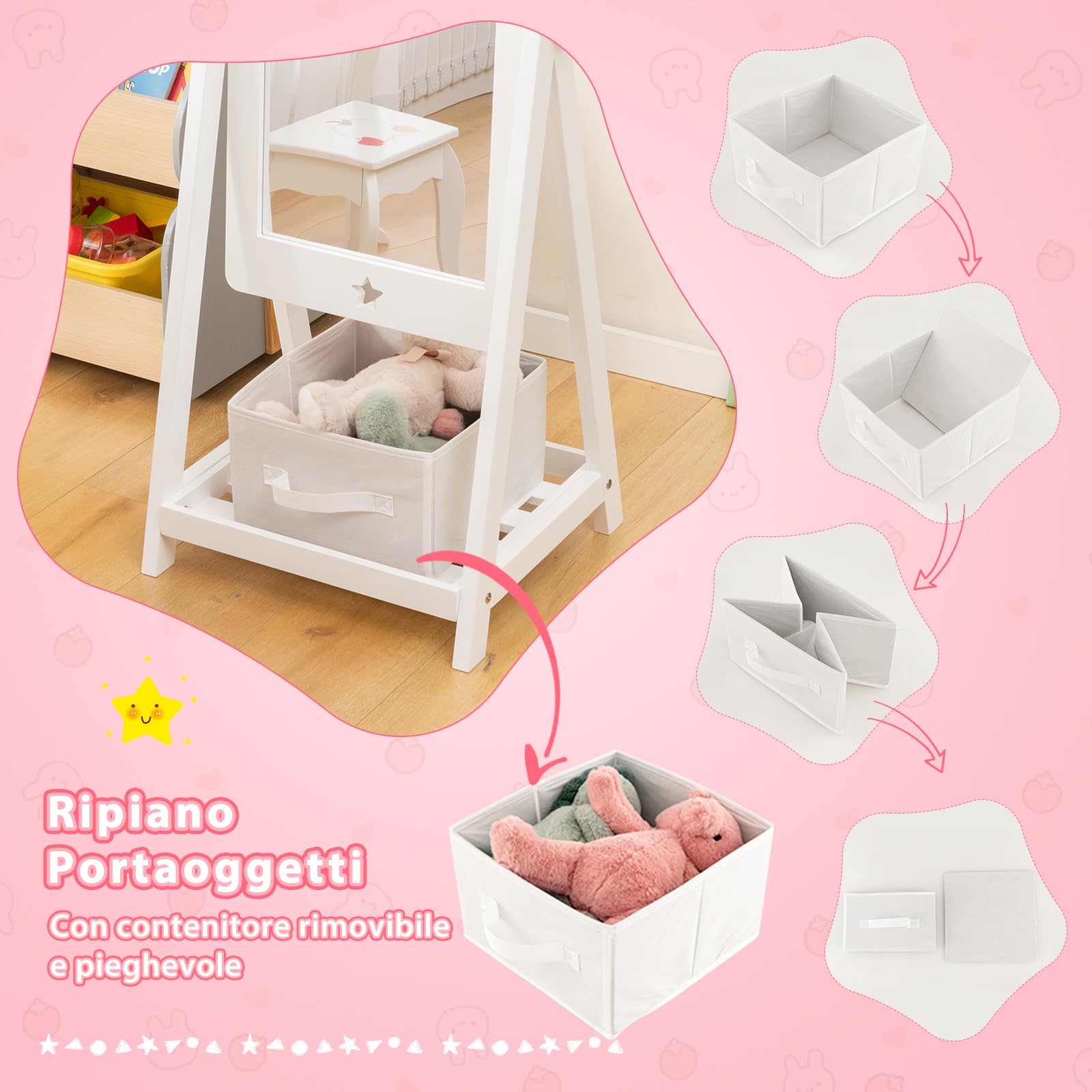 COSTWAY Specchio da Terra per Bambini in Legno con Scaffale Contenitore, Specchio per Cameretta Girevole con Cesto Ripiegabile, 45 x 40 x 112 cm, Bianco
