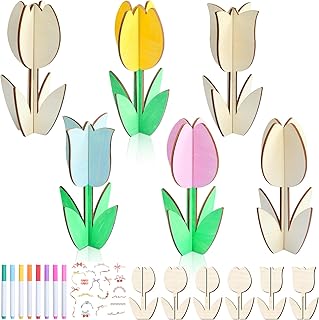 BAPHILE 24 Pack Wood Tulips to Paint, DIY Wooden Tulips Flowers Craft Kits with Decorate Tools Spring Summer Centerpieces Craft Ornaments for Home DIY Craft Party Favors Tiered Tray Decorations