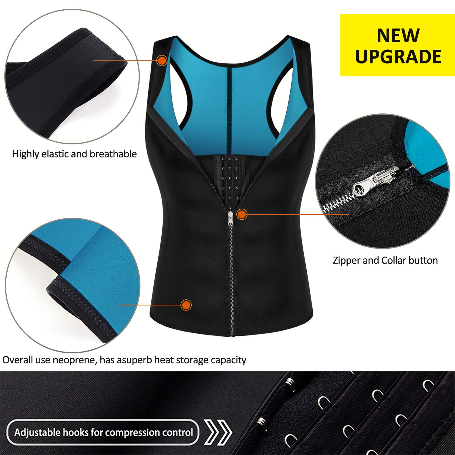 NonEcho Men Waist Trainer Vest Sweat Vest Hot Neoprene Zipper Sauna Girdle Tank Top Workout Shirt Shapewear Black