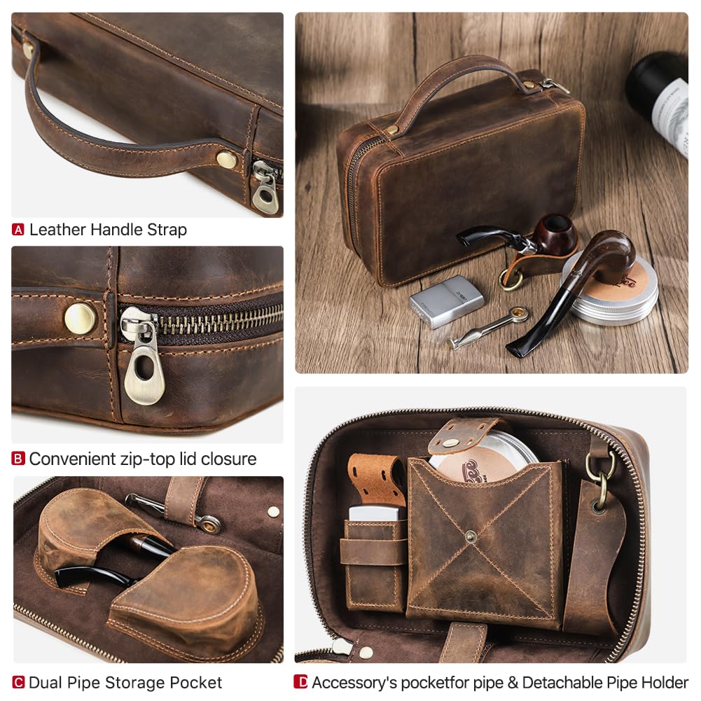 CONTACTS Bolsa de tabaco de cuero con soporte, funda de viaje con capacidad de 2 tubos, accesorios para pipas de fumar, organizador con correa de mano desmontable