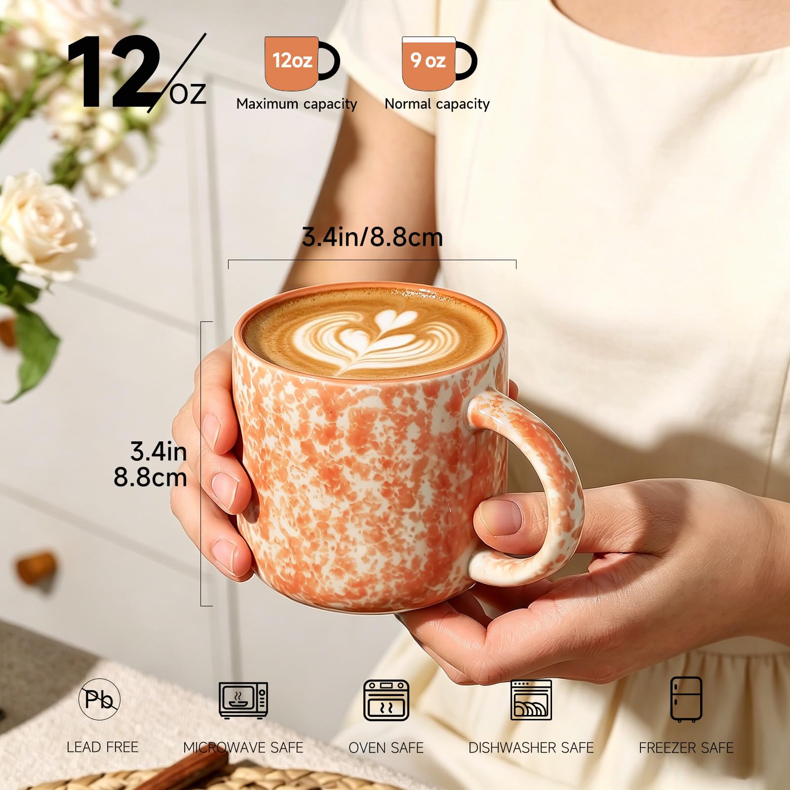 MONITO Kaffeebecher-Set, 340 ml, modernes Kaffeebecher-Set mit Griff, für Tee, Latte, Cappuccino, Milch, Kakao, 6 Stück