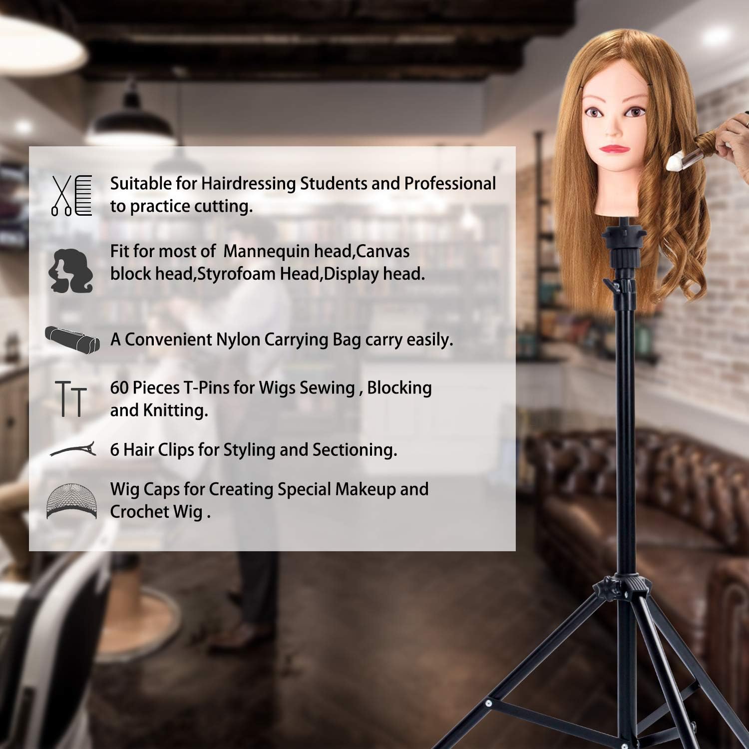 Klvied Reinforced Wig Stand Tripod for Mannequin Heads, Adjustable 34.64-51.48 Inch Wig Head Stand with 0.8 Inch Top Base, Carrying Bag, T-Pins, Wig Caps, Comb and Hair Clips