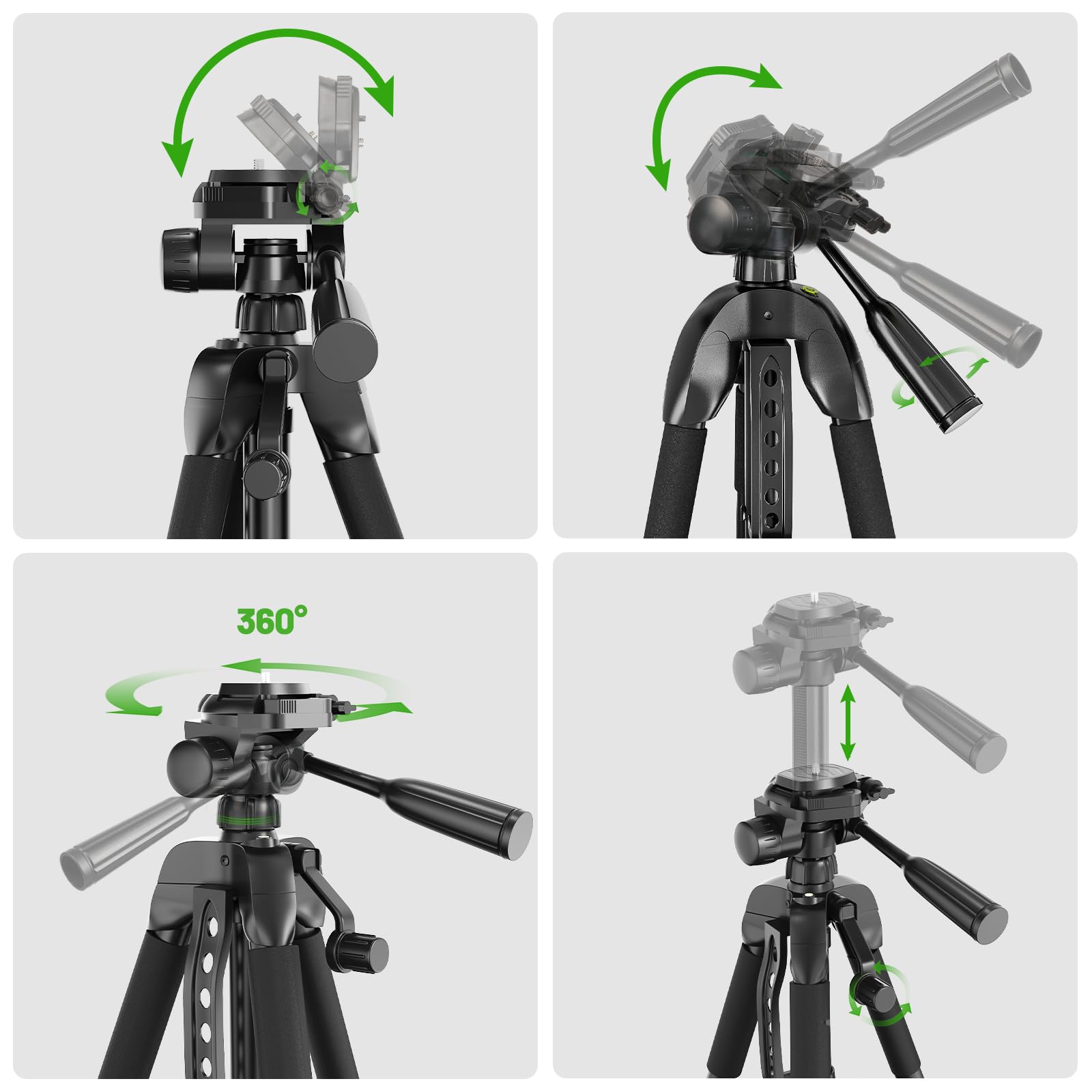 Huepar TPD14A1 150cm Trépied Réglable Portable pour Niveau Laser, avec Tête Panoramique Flexible 3-Voies et Niveau à Bulle,Support pour téléphone avec Vis 1/4"-20 et Écrou d'adaptation 5/8"-11