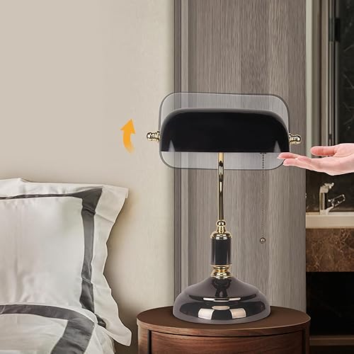 Miniatura 4 de FIRVRE Bankers - Lámpara de escritorio con interruptor de cadena de tracción, lámpara de escritorio con pantalla de vidrio negro, base E26 dorada y