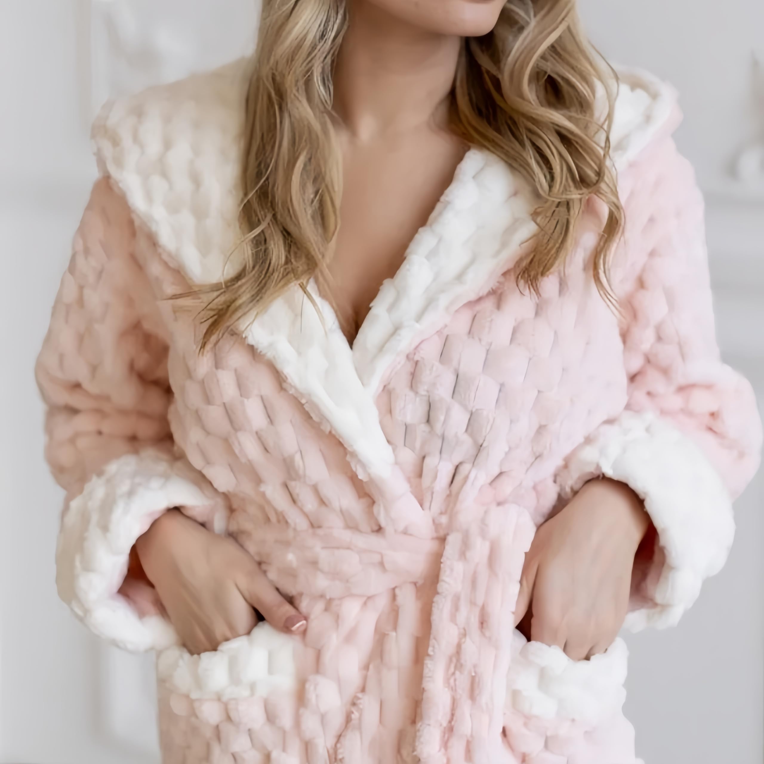 Albornoz con Capucha de Terciopelo Coral Rosa para Mujer, Bonito y Cálido, Informal, de Invierno, Suave, Cómodo y Esponjoso, de Manga Larga, Liso, para Estar En Casa.