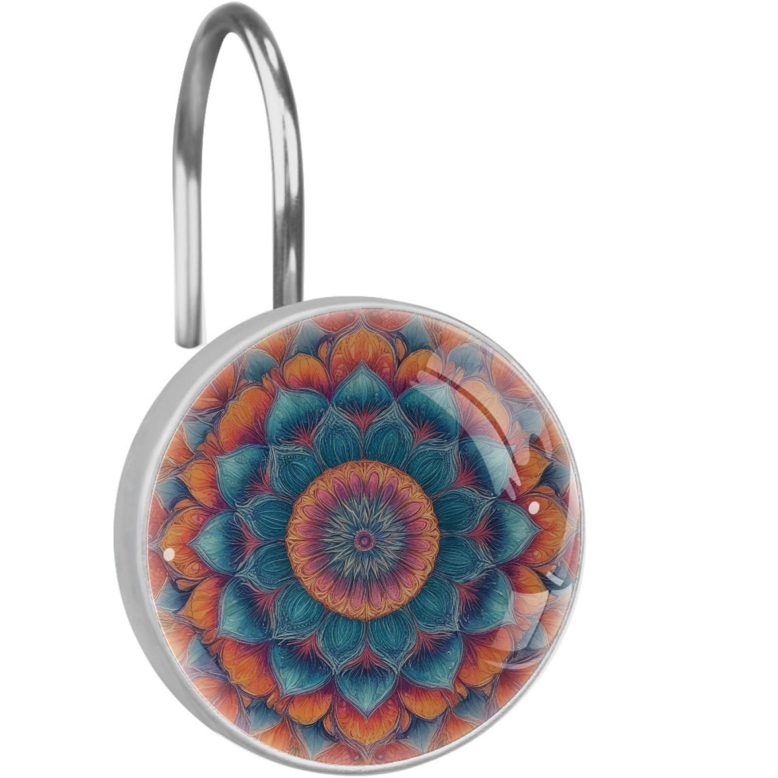 VAPOKF Decorative Shower Curtain Hooks, Mandala Texture Rustproof Stainless Steel Shower Curtain Rings for Bathroom, Shower Curtain Hangers for Shower Rod, 12 Pack