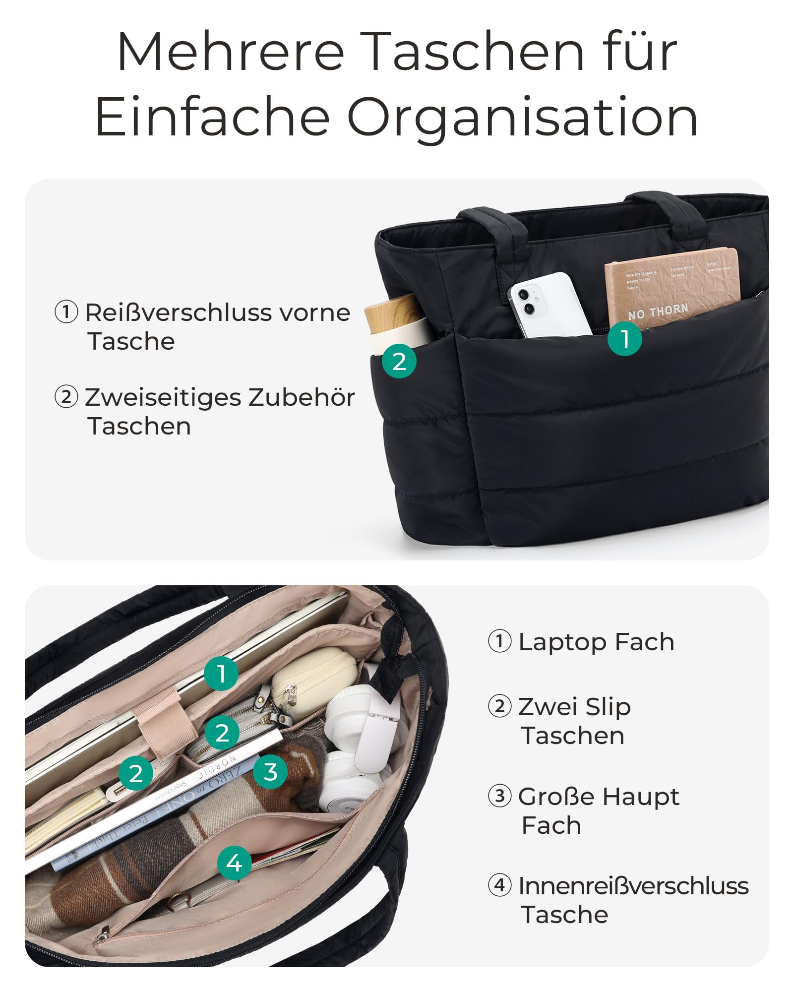 bagsmart Torebka damska Puffy Tote Bag torba na ramię, 20 l, torba robocza z zamkiem błyskawicznym, lekka torebka do pracy, podróży, na zakupy, do szkoły