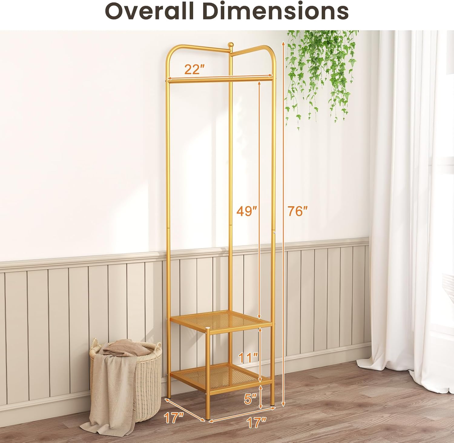 Tangkula Corner Coat Rack with Storage, Simple Hall Tree with Hanging Rod & 2 Mesh Shelves, Anti-toppling Devices, Freestanding Metal Clothes Rack Shoes Shelf Organizer for Entryway Bedroom (Golden)