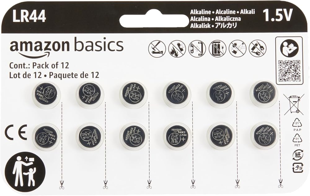 Amazon Basics LR44 알카라인 버튼 셀 배터리 12팩, 1.5볼트, 오래 지속되는 파워, 수은 프리 — 사진 1