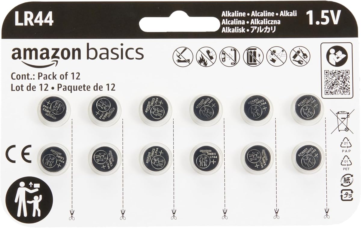 Amazon Basics 12-Pack LR44 Alkaline Button Cell Batteries, 1.5 Volt, Long Lasting Power, Mercury-Free
