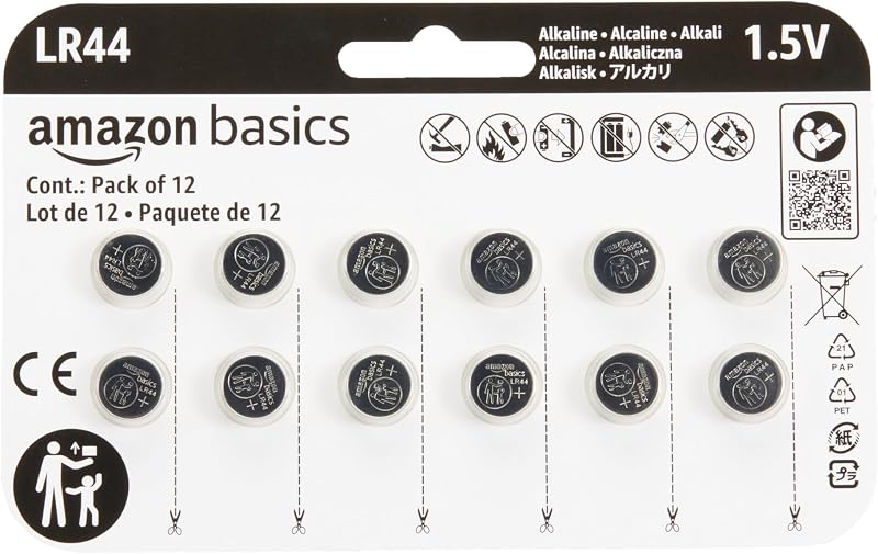 Amazon Basics Paquete de 12 pilas alcalinas de botón LR44, 1,5 voltios, potencia de larga duración, sin mercurio