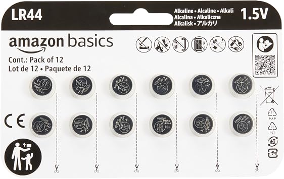 Amazon Basics 12-Pack LR44 Alkaline Button Cell Batteries, 1.5 Volt, Long Lasting Power, Mercury-Free