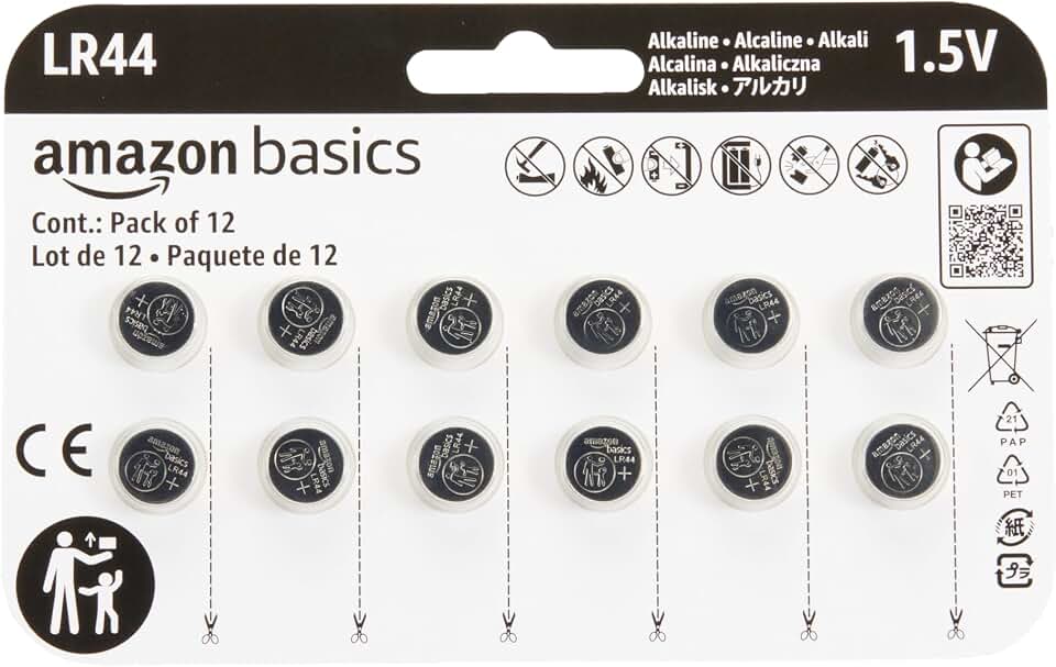 Amazon Basics 12-Pack LR44 Alkaline Button Cell Batteries, 1.5 Volt, Long Lasting Power, Mercury-Free