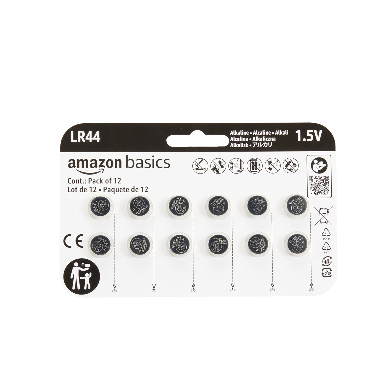 Amazon Basics 12-Pack LR44 Alkaline Button Cell Battery 1 5 Volt Long Lasting Power Mercury-Free