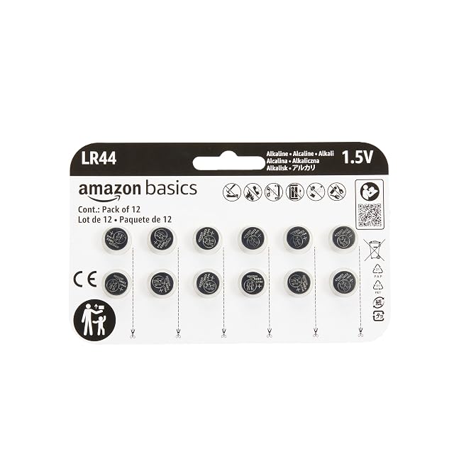 Amazon Basics 12-Pack LR44 Alkaline Button Cell Batteries 1 5 Volt Long Lasting Power Mercury-Free