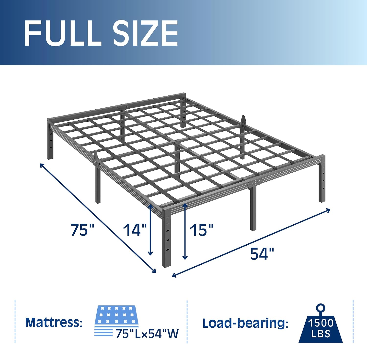 14" Heavy Duty Metal Platform Full Bed Frame with Grid Structure