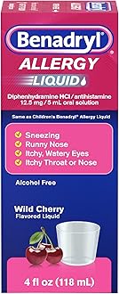 Benadryl Allergy Medicine, Liquid Diphenhydramine HCl Antihistamines for Adults, Alcohol-Free, Hay Fever Allergy Relief for Sneezing, Runny Nose, Itchy & Watery Eyes, Wild Cherry 4 fl oz