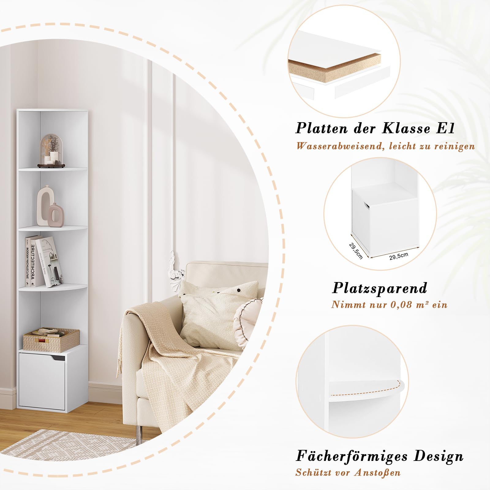 WOLTU Étagère d'angle à 5 Niveaux, Meuble d'angle, Blanc, 1 Placard avec Porte, en Bois d'Ingénierie, SK038ws