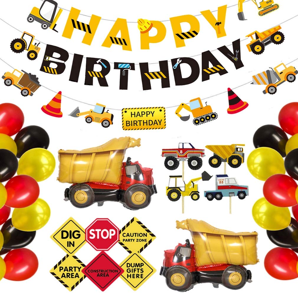 Huastyle Construction Birthday Party Supplies Set with Happy Birthday Banner,Balloon,Garbage Dump Truck Cupcake Topper,Traffic Signfor Kid Vehicles Party Decorations(57 Pack)
