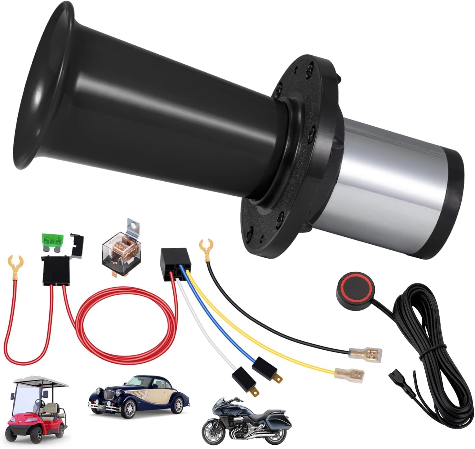 Ooga Horn 12V Kit, Antique Classic Aooga Ahooga Car Horn with Wire and Button, 115dB Vintage Old School OOGA Air Horns for Golf Cart Car Truck