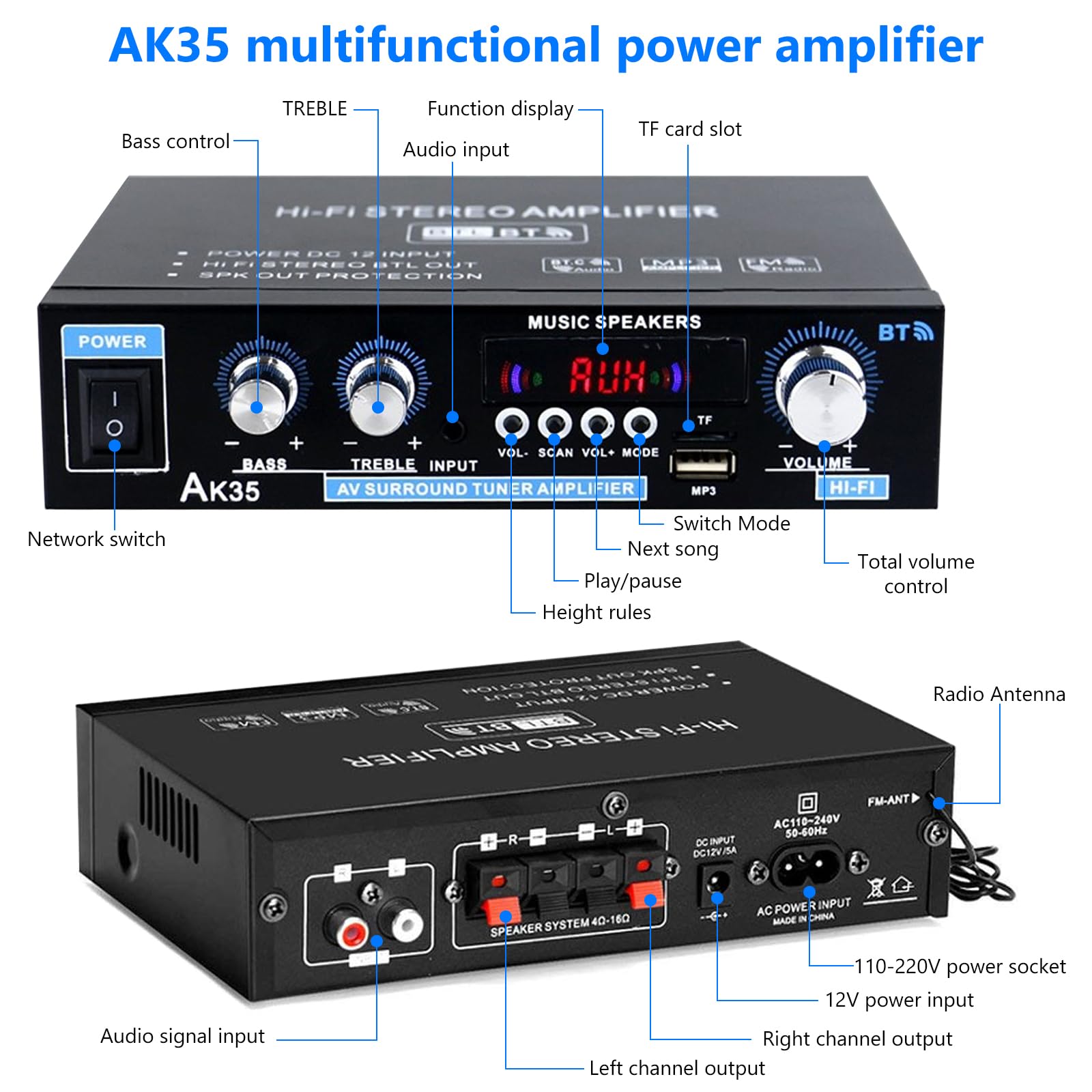 Amplificatore audio AK45, amplificatore stereo, amplificatore Bluetooth 5.0 HIFI con telecomando per auto e casa con ingresso MIC/SD/USB, radio FM