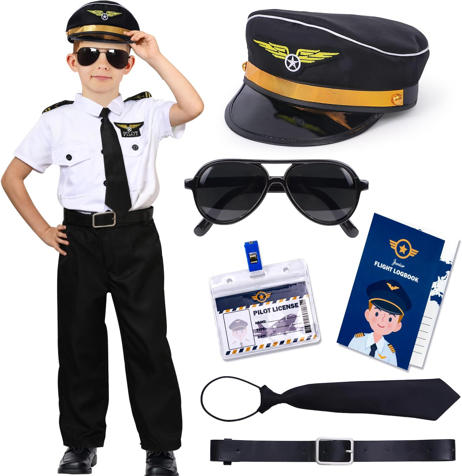 Tacobear Pilot Costume for Kids Boy Airline Uniform Sunglasses Pilot Hat Accessories Halloween Costume
