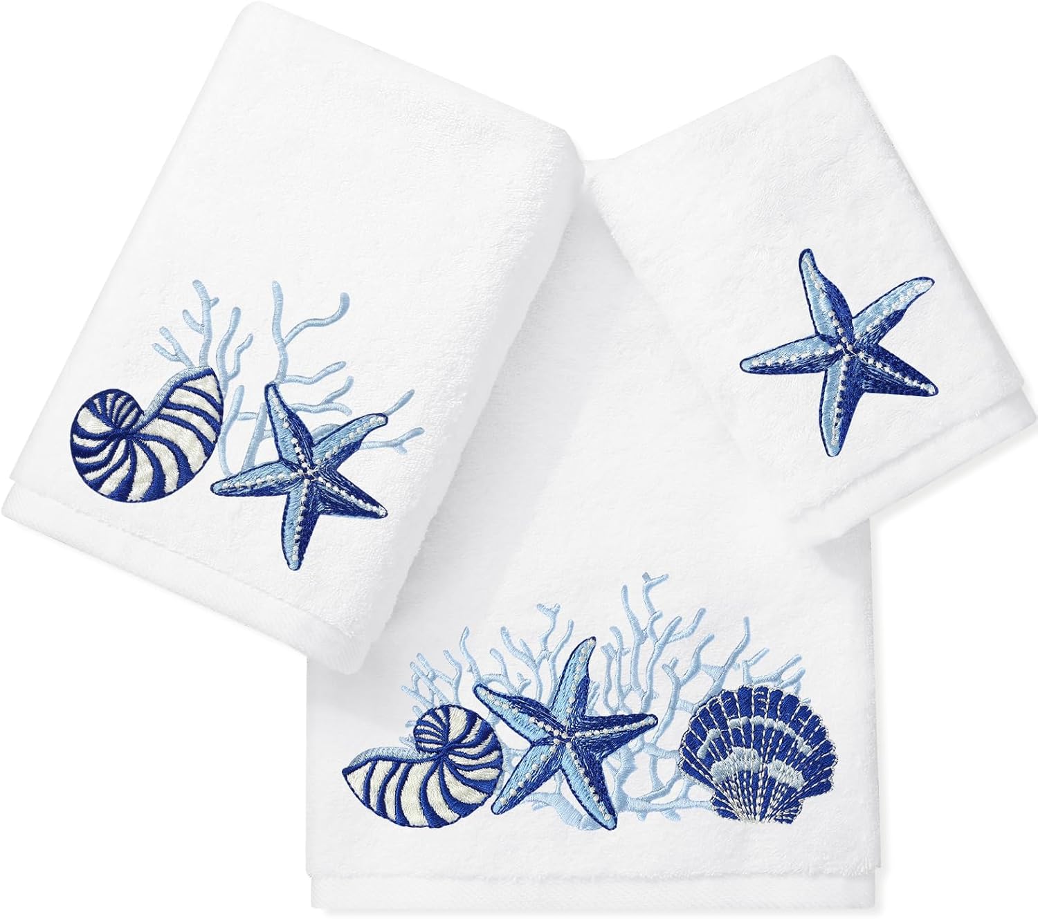 JarThenaAMCS Ocean Bathroom Towels Set of 3 Embroidered Cotton Bath Towel Seashell Starfish Coral Summer Hand Towel Wash Cloth for Hand Drying Shower Supplies