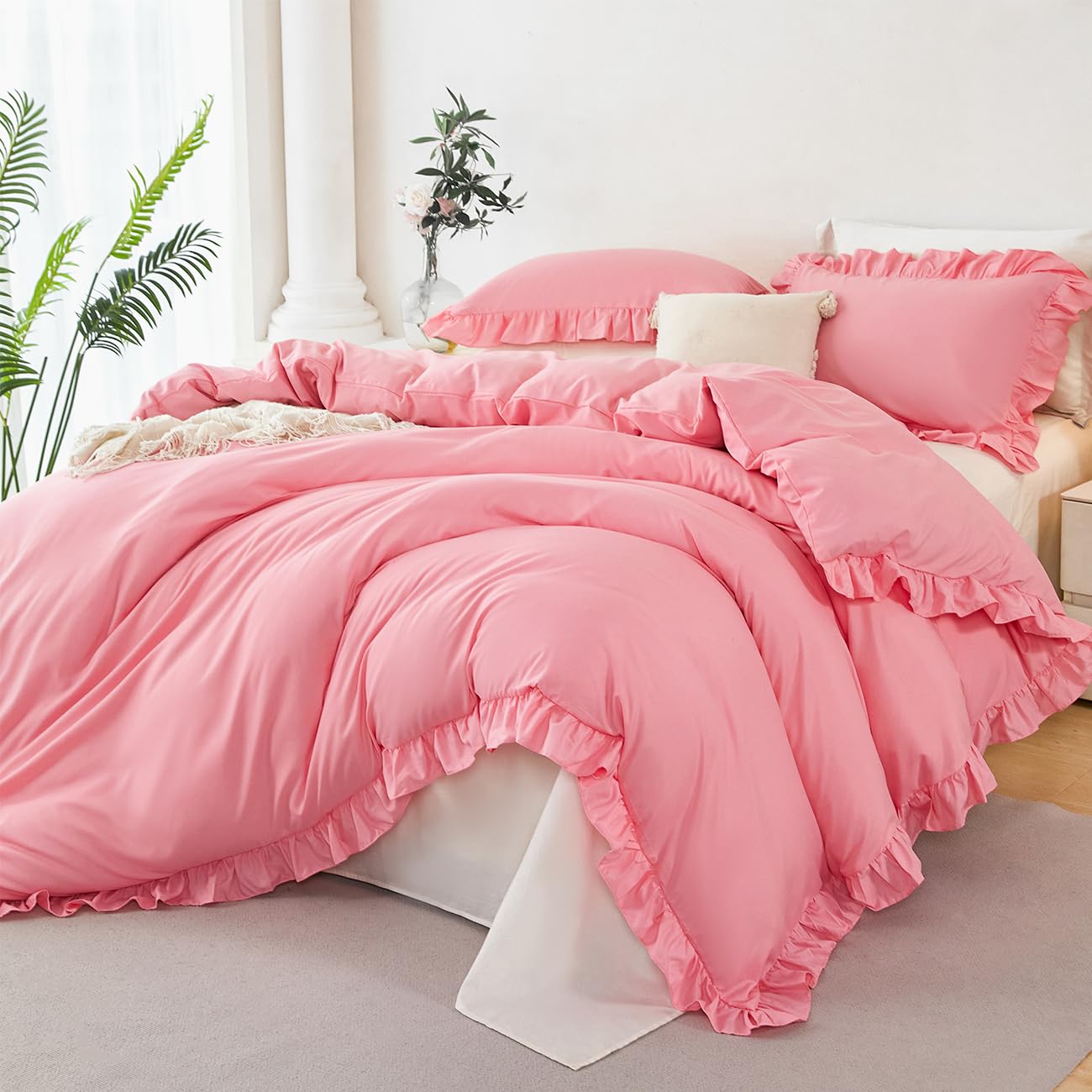 STYHO Double Duvet Cover Set 3 Pieces Pink Ruffle Bedding Sets with Pillowcases Soft Luxury Boho Vintage Plain Frills Comforter Cover with Zipper Closure, 200x200cm